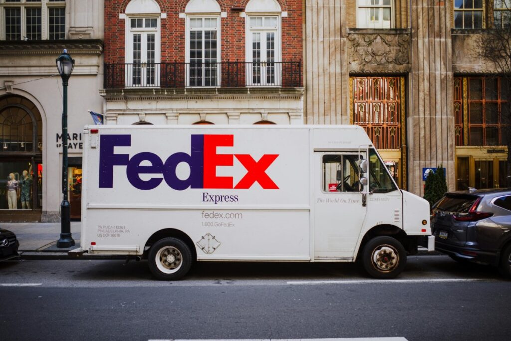 A FedEx truck on a city street