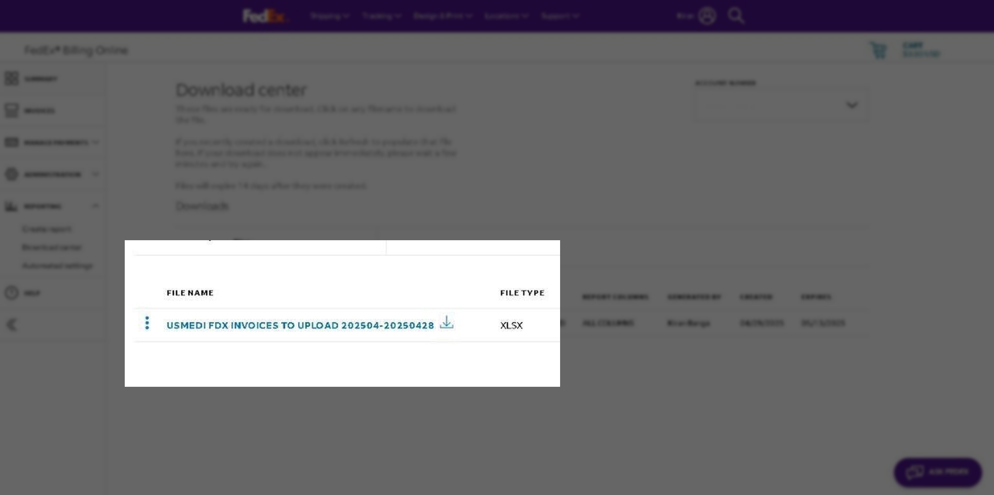 Screenshot of FedEx download center highlighting the download icon next to an invoice report file name.