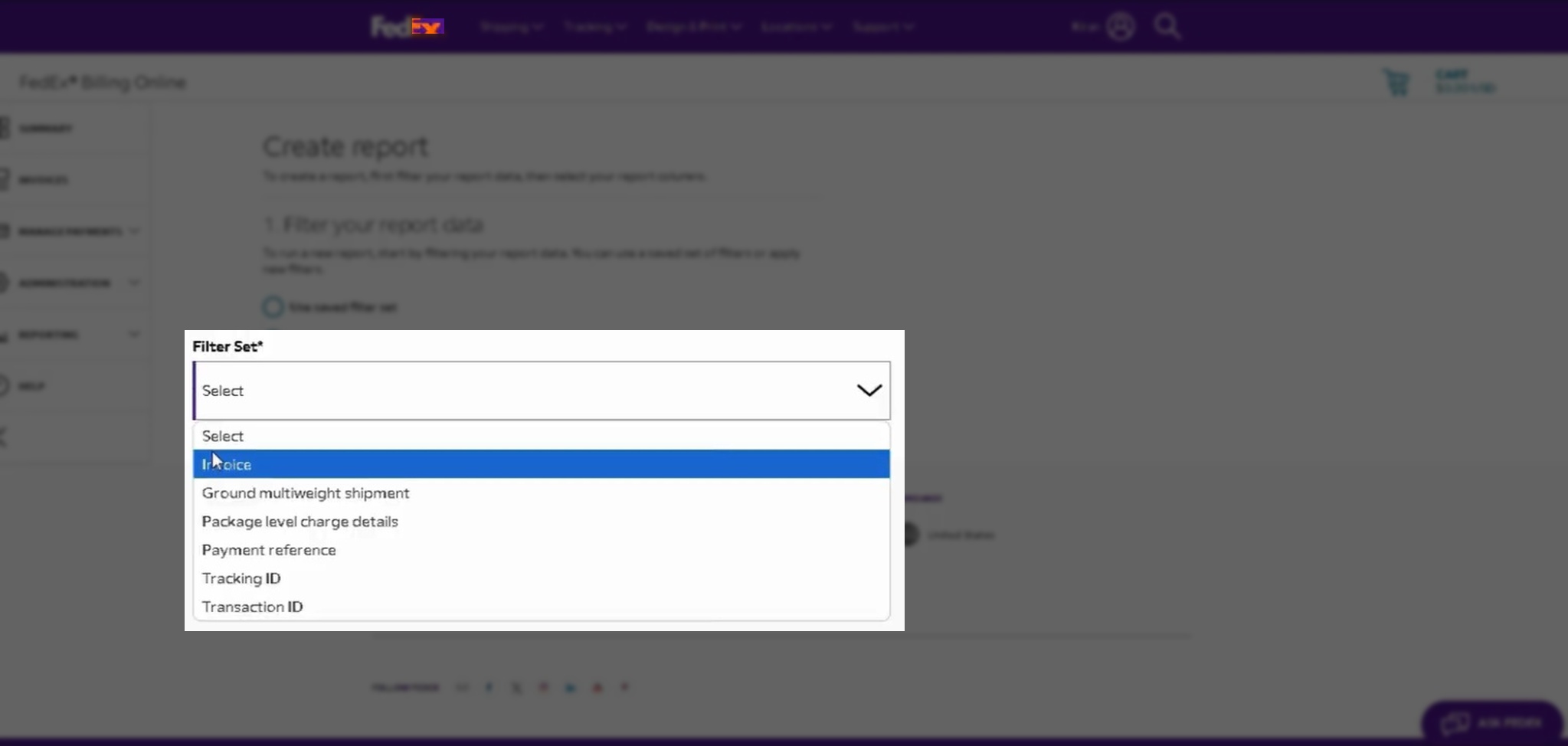 A screenshot of the FedEx Billing Online "Create report" screen highlighting how to select "Invoice" as the "Filter Set".