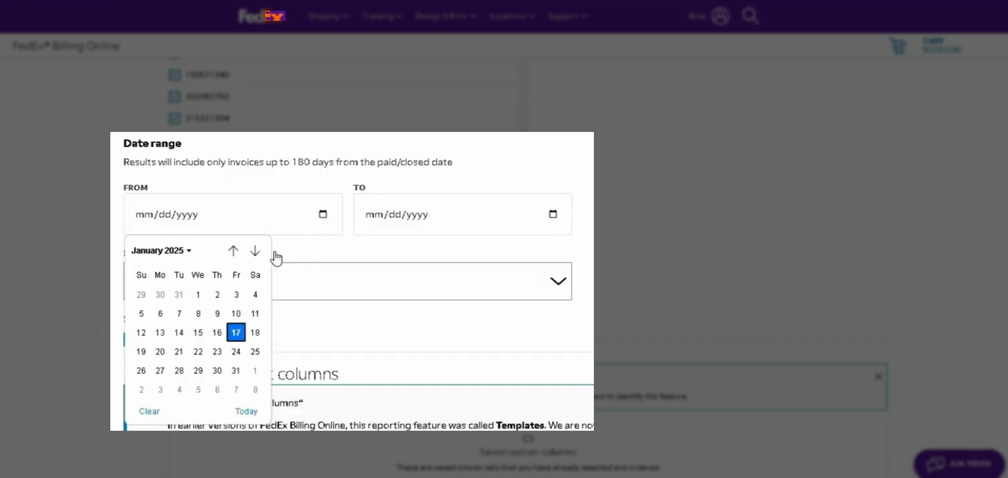 A screenshot of FedEx Billing Online highlighting where to set a data range for the invoices you want to download.