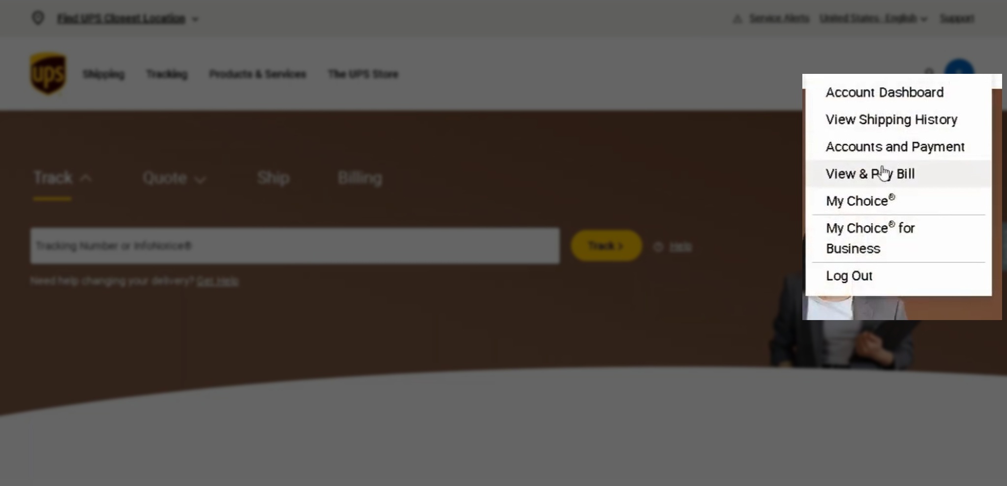 Screenshot of the UPS homepage highlighting where to choose "View & Pay Bill" in the My Account dropdown menu in the right of the main navigation.