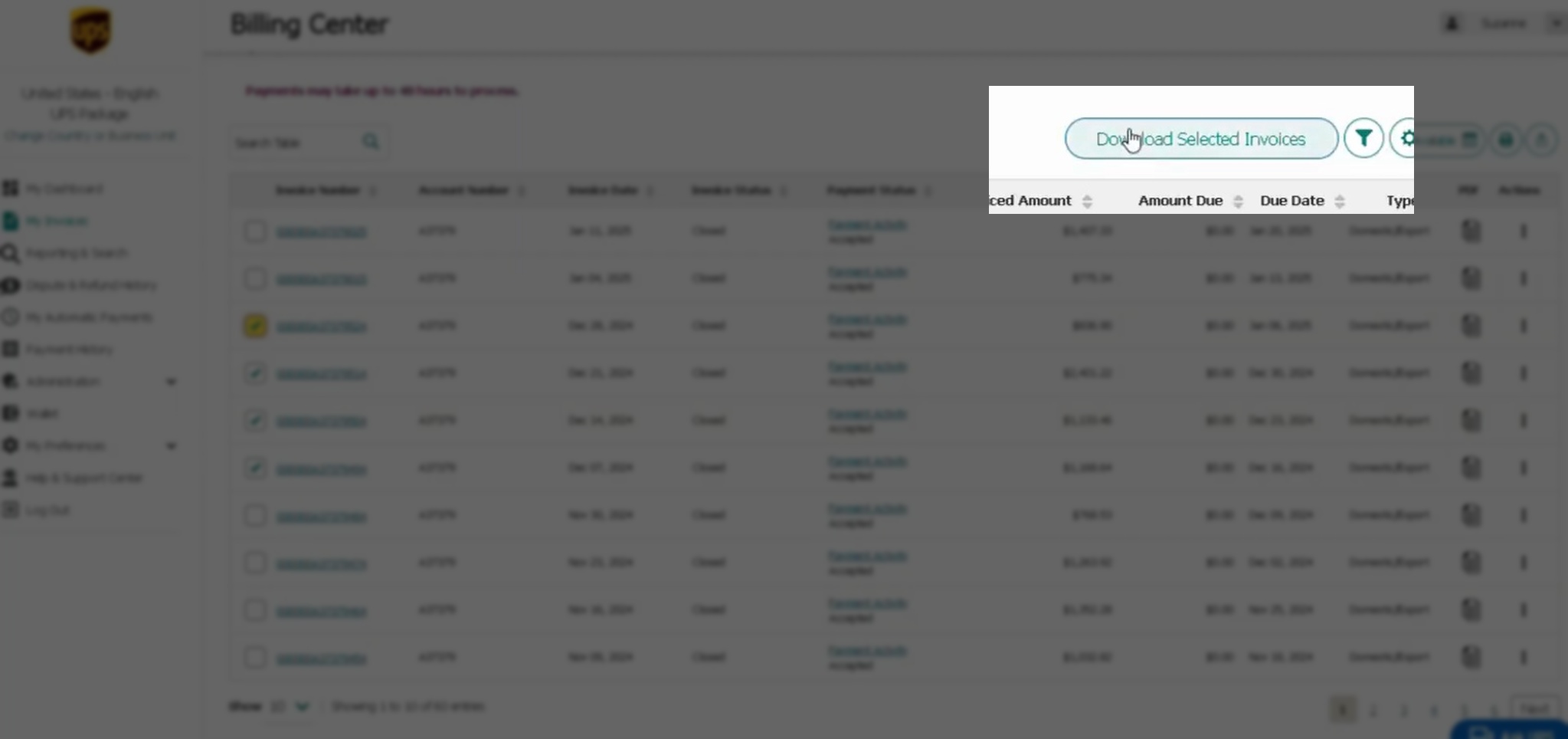 Screenshot of the UPS Billing Center highlighting where to select "Download Selected Invoices" in the top right of the screen.